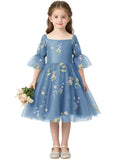 Floral Embroidery Flower Girl Dress Puff Sleeve Birthday Party Gown Girls Tulle A-Line Short Wedding Guests Dresses