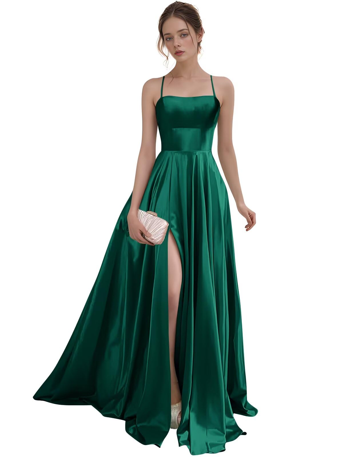 Women's Satin Prom Dresses with Slit Strapless A Line Corset Ball Gowns Spaghetti Straps Formal Evening Gowns with Pockets
