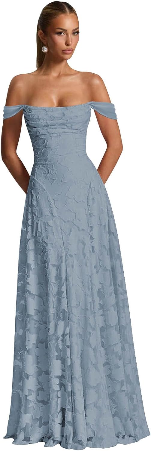 Off The Shoulder Floral Bridesmaid Dresses Long Lace Appliques Formal Gown A Line Wedding Guest Dress