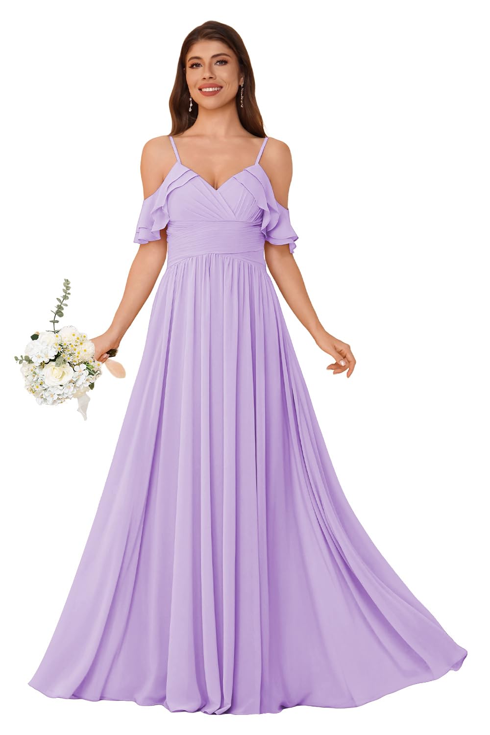 Women's Long Chiffon Bridesmaid Dresses Ruffle V Neck Formal Evening Prom Gown Spaghetti Strap Maxi Wedding Guest Dress