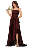 Women's Long Satin Bridesmaid Dresses Spaghetti Strap Halter Formal Evening Gown Ruffle High Low Wedding Guest Dress