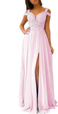 Women's Lace Appliques Prom Dresses Long with Slit Cold Shoulder Formal Party Gown