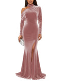 Mermaid Velvet Prom Dresses with Slit 2027 Long Sleeve Formal Dress for Women One Shoulder Evening Party Gowns