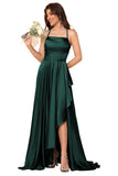 Women's Long Satin Bridesmaid Dresses Spaghetti Strap Halter Formal Evening Gown Ruffle High Low Wedding Guest Dress