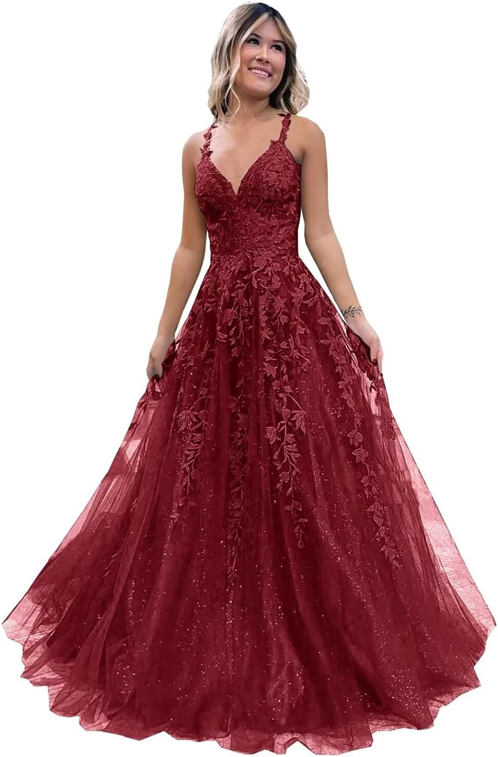 Women's Sparkly Tulle Lace Applique Prom Dresses 2025 Long Spaghetti Straps Formal Evening Gowns