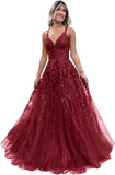 Women's Sparkly Tulle Lace Applique Prom Dresses 2025 Long Spaghetti Straps Formal Evening Gowns