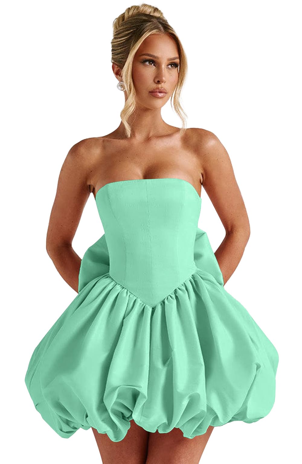 Satin Flower Bud Homecoming Dress Short Prom Dress with Bow Strapless A Line Mini Cocktail Party Gown
