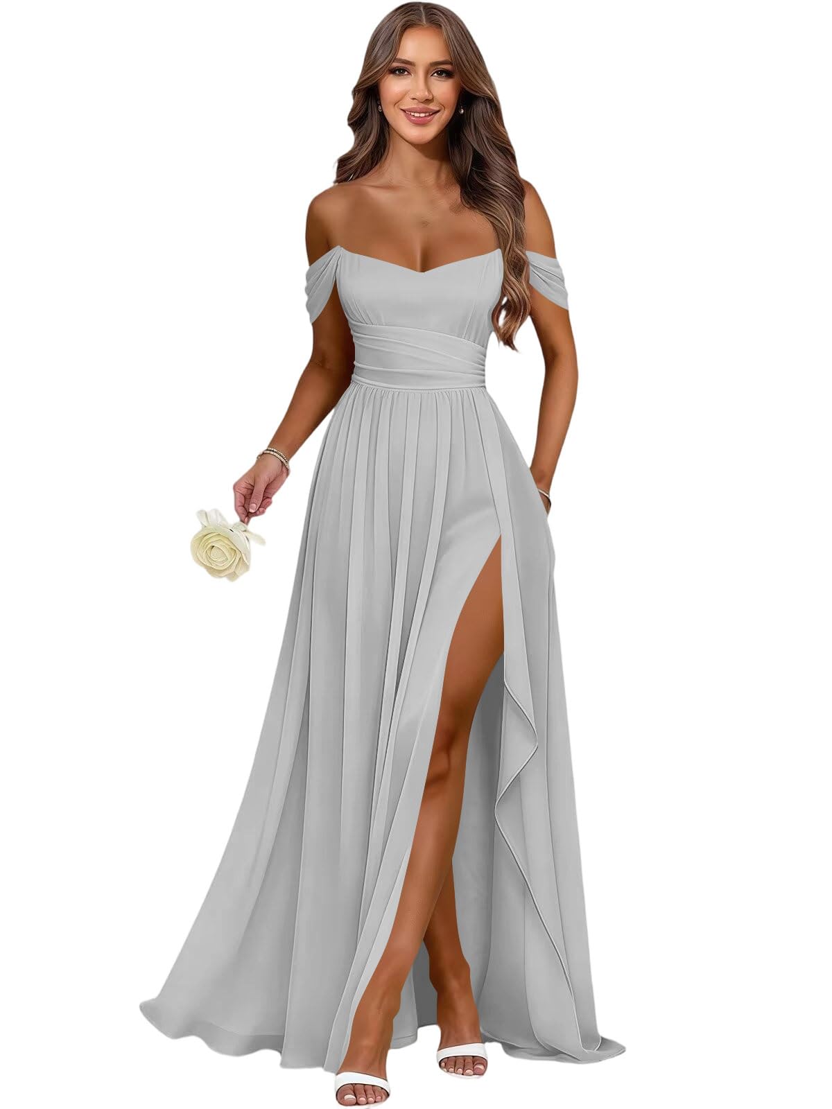 Women's Long Chiffon Bridesmaid Dresses with Slit Off Shoulder A-Line Formal Prom Evening Gown Maxi Wedding Guest Dress