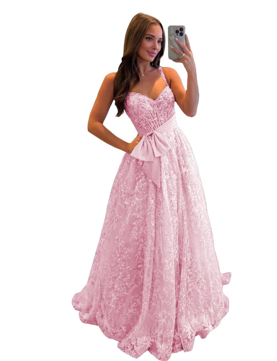 Lace Tulle Prom Dresses with Bow Appliques Corset A Line Long Formal Dress