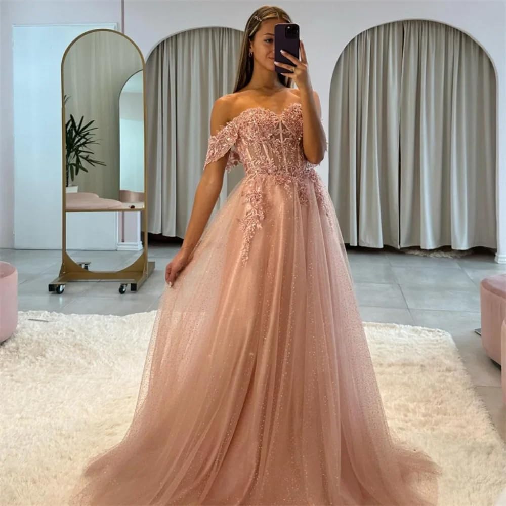 Off The Shoulder Tulle Prom Dresses 2027 Lace Applique A Line Long Sparkly Formal Evening Party Gowns