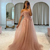 Off The Shoulder Tulle Prom Dresses 2027 Lace Applique A Line Long Sparkly Formal Evening Party Gowns