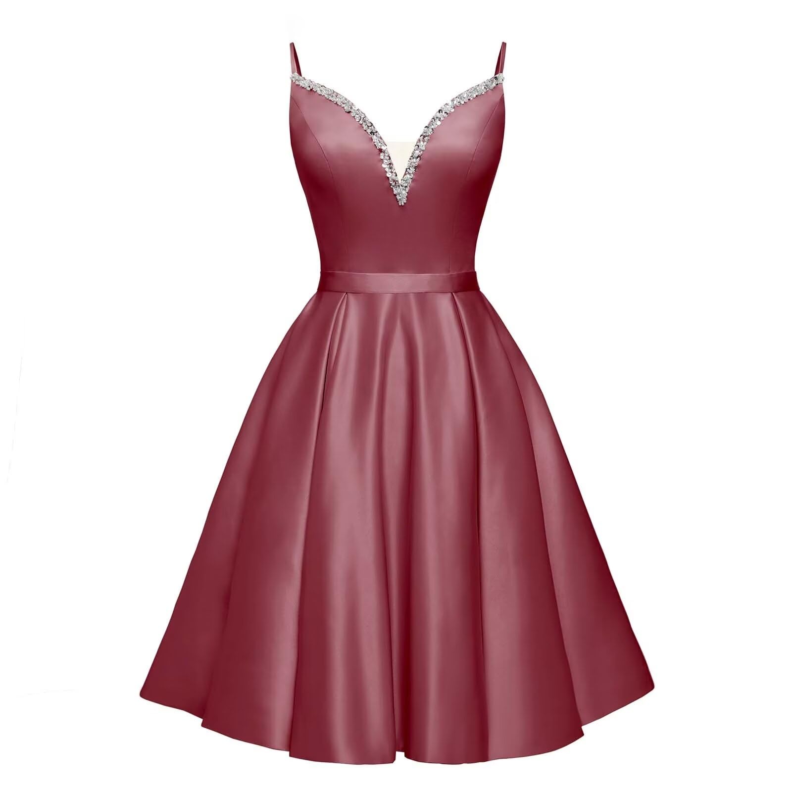 Spaghetti Straps Satin Homecoming Dresses for Teens V-Neck Short Prom Dress A-Line Beaded Cocktail Party Gowns