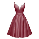 Spaghetti Straps Satin Homecoming Dresses for Teens V-Neck Short Prom Dress A-Line Beaded Cocktail Party Gowns