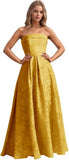 Jacquard Floral Prom Dresses Strapless Maxi Evening Gowns A-Line Ruched Formal Party Dress Elegant