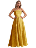 Jacquard Floral Prom Dresses Strapless Maxi Evening Gowns A-Line Ruched Formal Party Dress Elegant