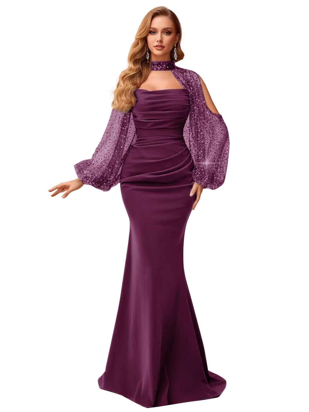Kingbridal Gowns Long Sleeve Prom Dresses 2026 Mermaid Satin Formal Dress for Women Sparkly Sequin Halter Neck Evening Party Gowns