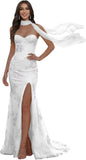 Floral Prom Dresses for Teens Strapless Mermaid Corset Tulle Formal Evening Gown with Slit Scarf
