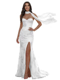 Floral Prom Dresses for Teens Strapless Mermaid Corset Tulle Formal Evening Gown with Slit Scarf