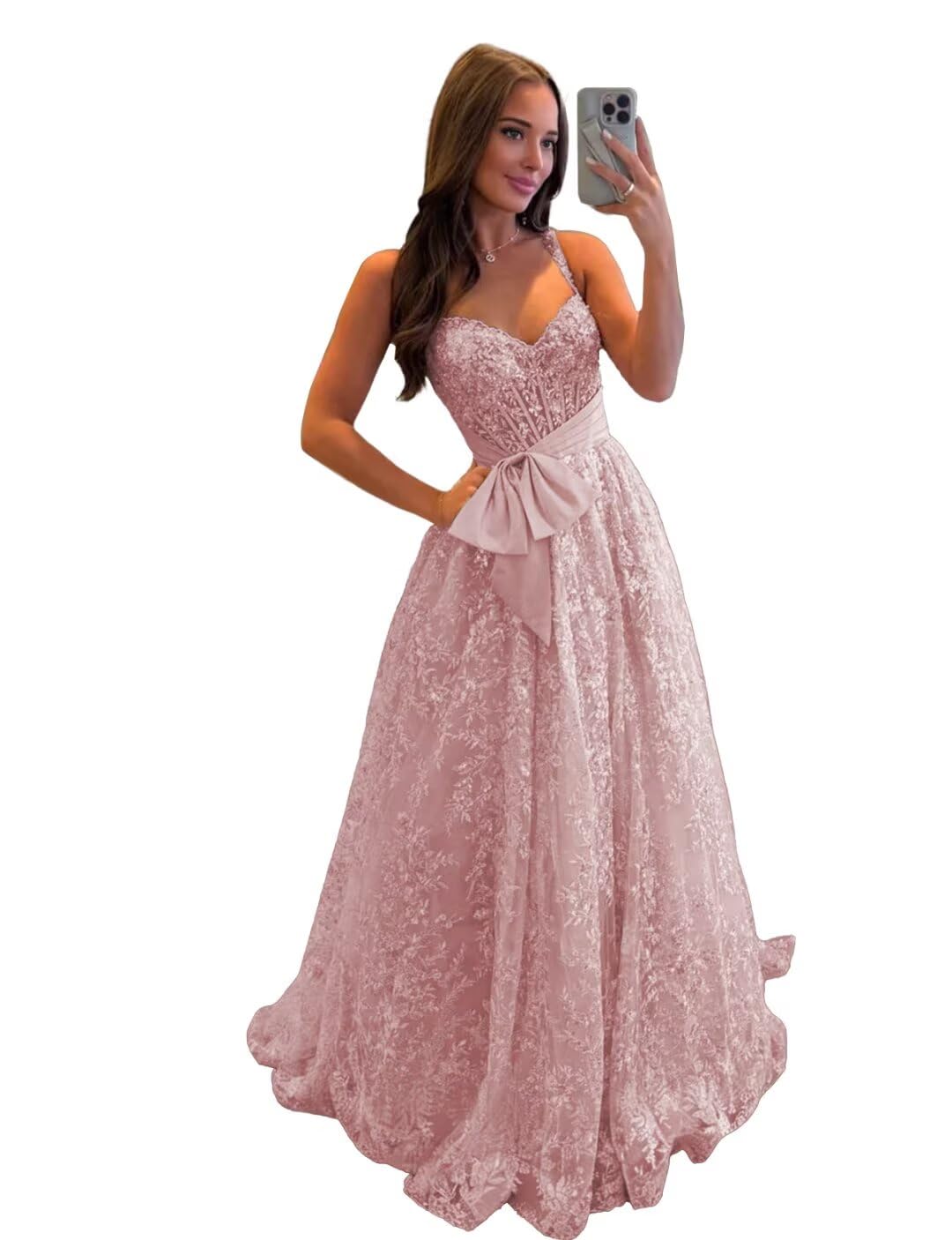 Lace Tulle Prom Dresses with Bow Appliques Corset A Line Long Formal Dress