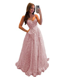 Lace Tulle Prom Dresses with Bow Appliques Corset A Line Long Formal Dress