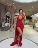 Sparkly Sequin Halter Prom Dresses for Women Mermaid Formal Dress with Slit Backless Ruched Evening Party Gowns