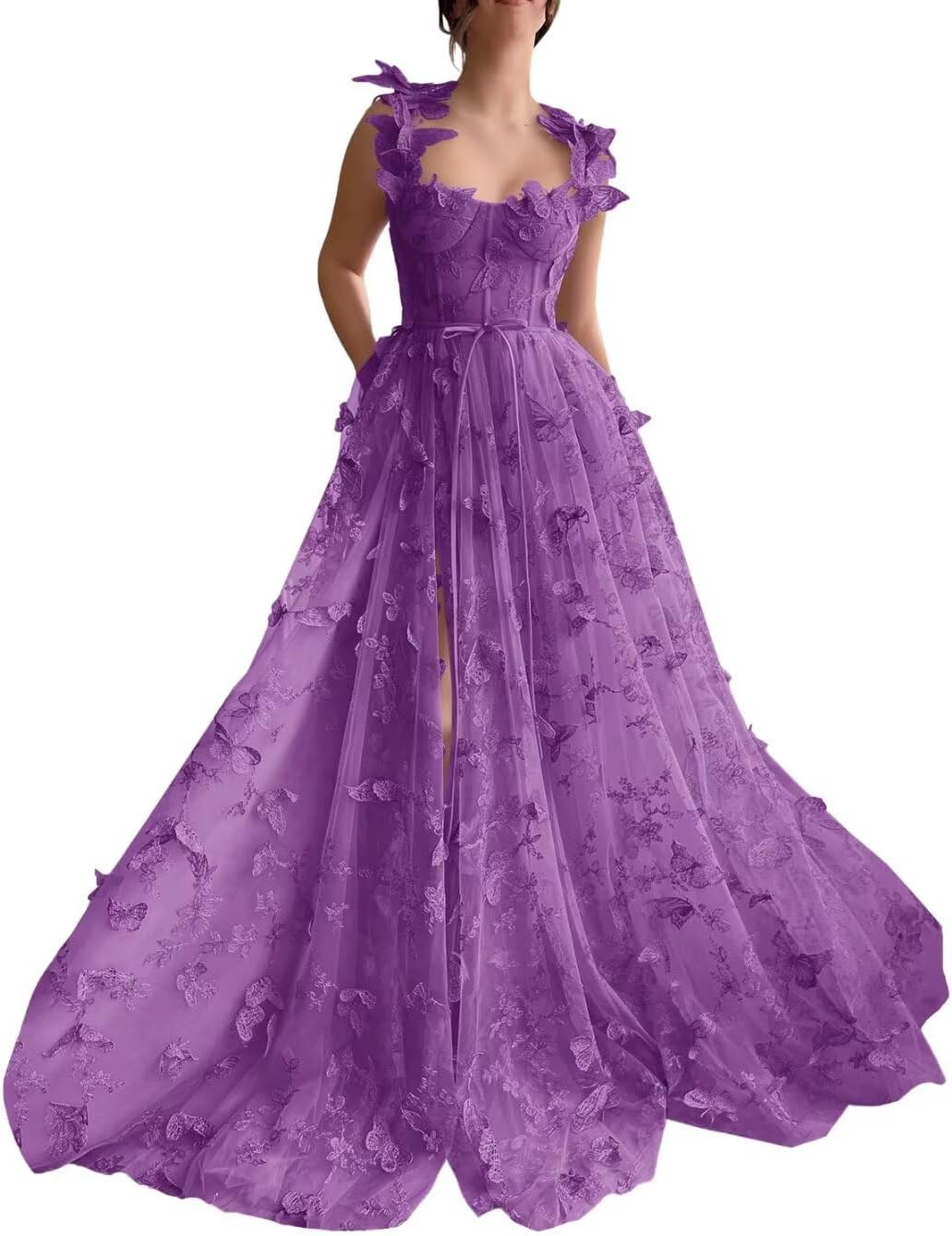 Vestidos de fiesta largos de tul con mariposas 3D para adolescentes, vestidos de fiesta formales de noche bordados con abertura 