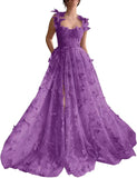 Vestidos de fiesta largos de tul con mariposas 3D para adolescentes, vestidos de fiesta formales de noche bordados con abertura 