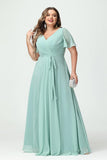 Plus Size Bridesmaid Dresses with Pockets V Neck Chiffon Flutter Sleeves Formal Evening Gowns with Slit