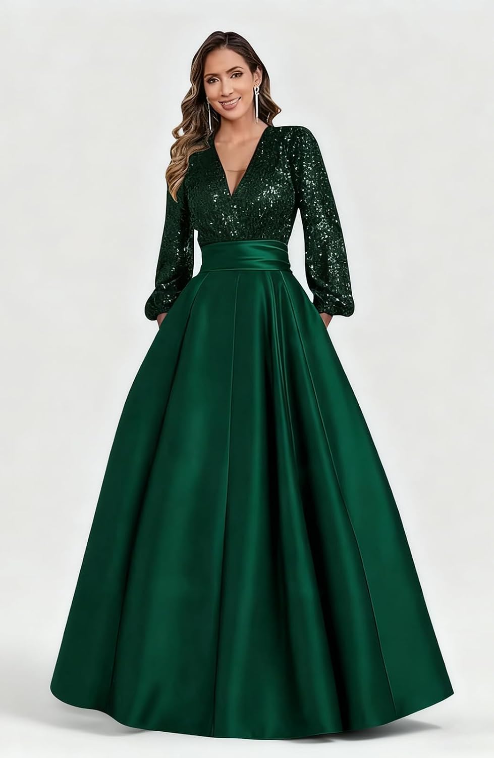 Satin Mother of Bride Dresses Long for Women Sequin Long Sleeve Evening Gown with Pockets