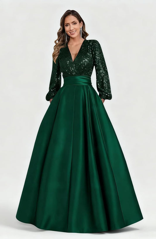 Satin Mother of Bride Dresses Long for Women Sequin Long Sleeve Evening Gown with Pockets