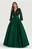 Satin Mother of Bride Dresses Long for Women Sequin Long Sleeve Evening Gown with Pockets