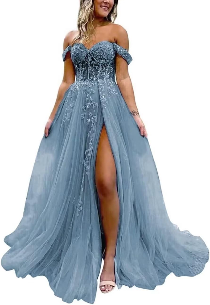 Off The Shoulder Tulle Prom Dress with Laces Applique A-line Slit Long Ball Gowns Glitter Formal Evening Dress