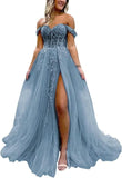 Off The Shoulder Tulle Prom Dress with Laces Applique A-line Slit Long Ball Gowns Glitter Formal Evening Dress