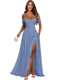 Women's Long Chiffon Bridesmaid Dresses with Slit Off Shoulder A-Line Formal Prom Evening Gown Maxi Wedding Guest Dress