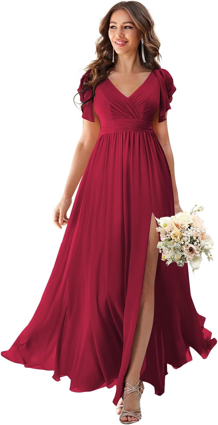 V Neck Flutter Sleeves Bridesmaid Dresses with Slit 2025 Chiffon Aline Pleats Formal Evening Gowns for Women