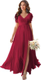 V Neck Flutter Sleeves Bridesmaid Dresses with Slit 2025 Chiffon Aline Pleats Formal Evening Gowns for Women