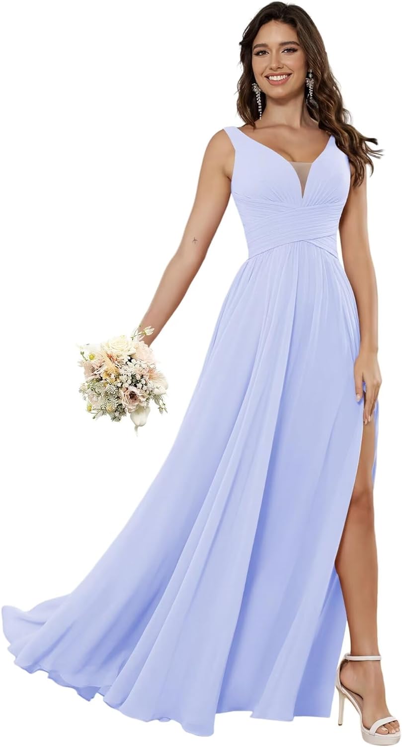 Vestidos de dama de honor sencillos de gasa para mujer con bolsillos, vestidos formales largos con escote en V y abertura 
