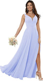 Vestidos de dama de honor sencillos de gasa para mujer con bolsillos, vestidos formales largos con escote en V y abertura 