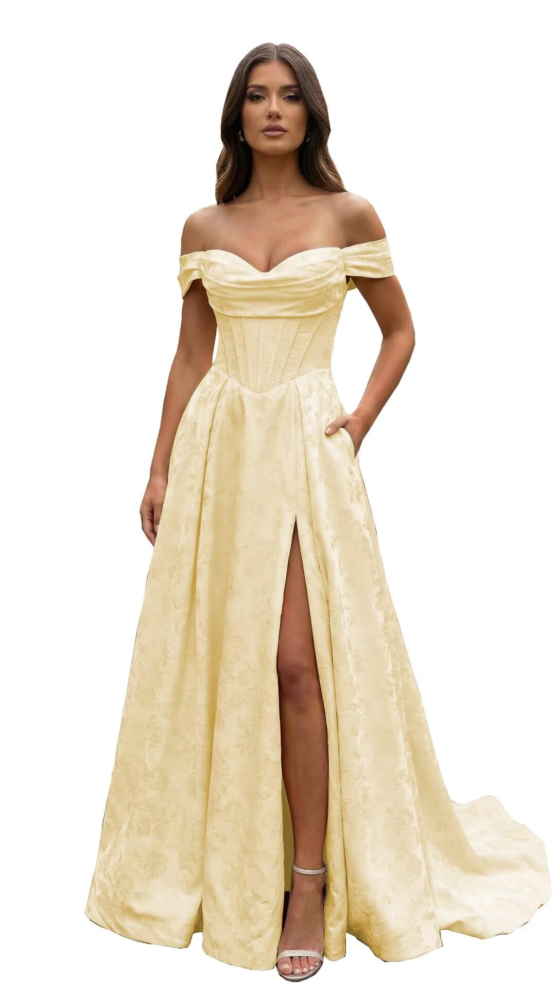 Jacquard Satin Prom Dresses Off the Shoulder Corset A Line Long Formal Gowns
