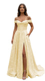 Jacquard Satin Prom Dresses Off the Shoulder Corset A Line Long Formal Gowns