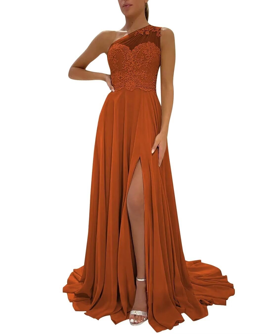 One Shoulder Chiffon Bridesmaid Dresses for Wedding 2026 Lace A-Line Slit Formal Evening Party Gown with Pockets
