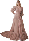 Puffy Sleeve Tulle Prom Dresses Long Ball Gown with Slit for Women 2027 V Neck Long Formal Evening Gowns