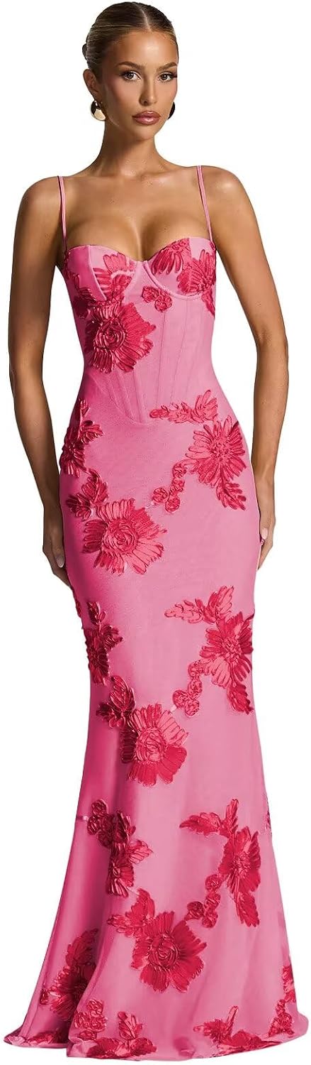 Spaghetti Straps Mermaid Prom Dress 2026 Floral Embroidery Long Corset Formal Evening Gowns