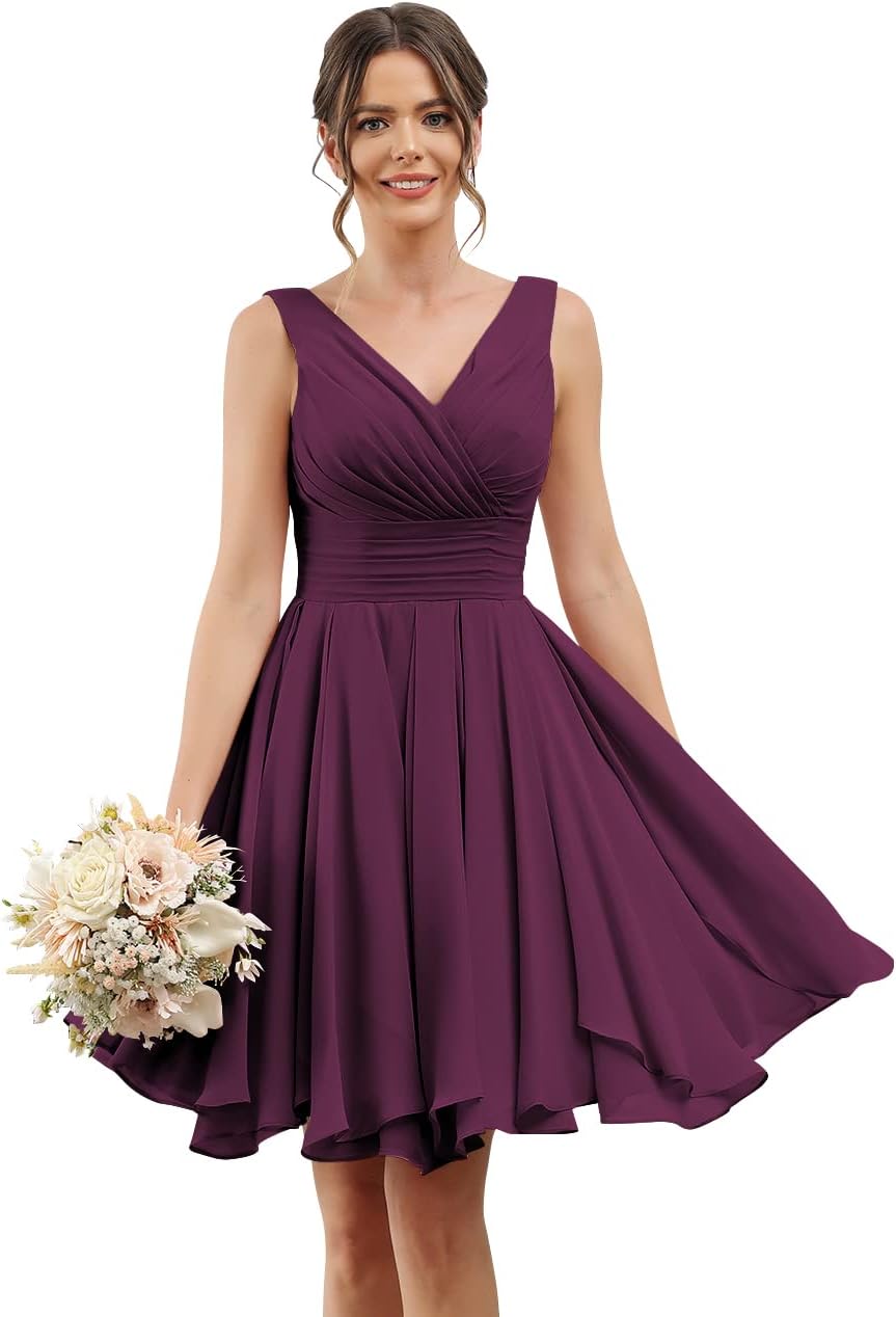 Double V Neck Short Bridesmaid Dresses for Women 2025 Chiffon A Line Formal Evening Gowns with Pockets