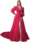 Puffy Sleeve Tulle Prom Dresses Long Ball Gown with Slit for Women 2027 V Neck Long Formal Evening Gowns