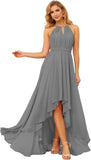 Damen Neckholder Brautjungfernkleider Lang mit Taschen High-Low Falten Formelles Kleid für Hochzeit 