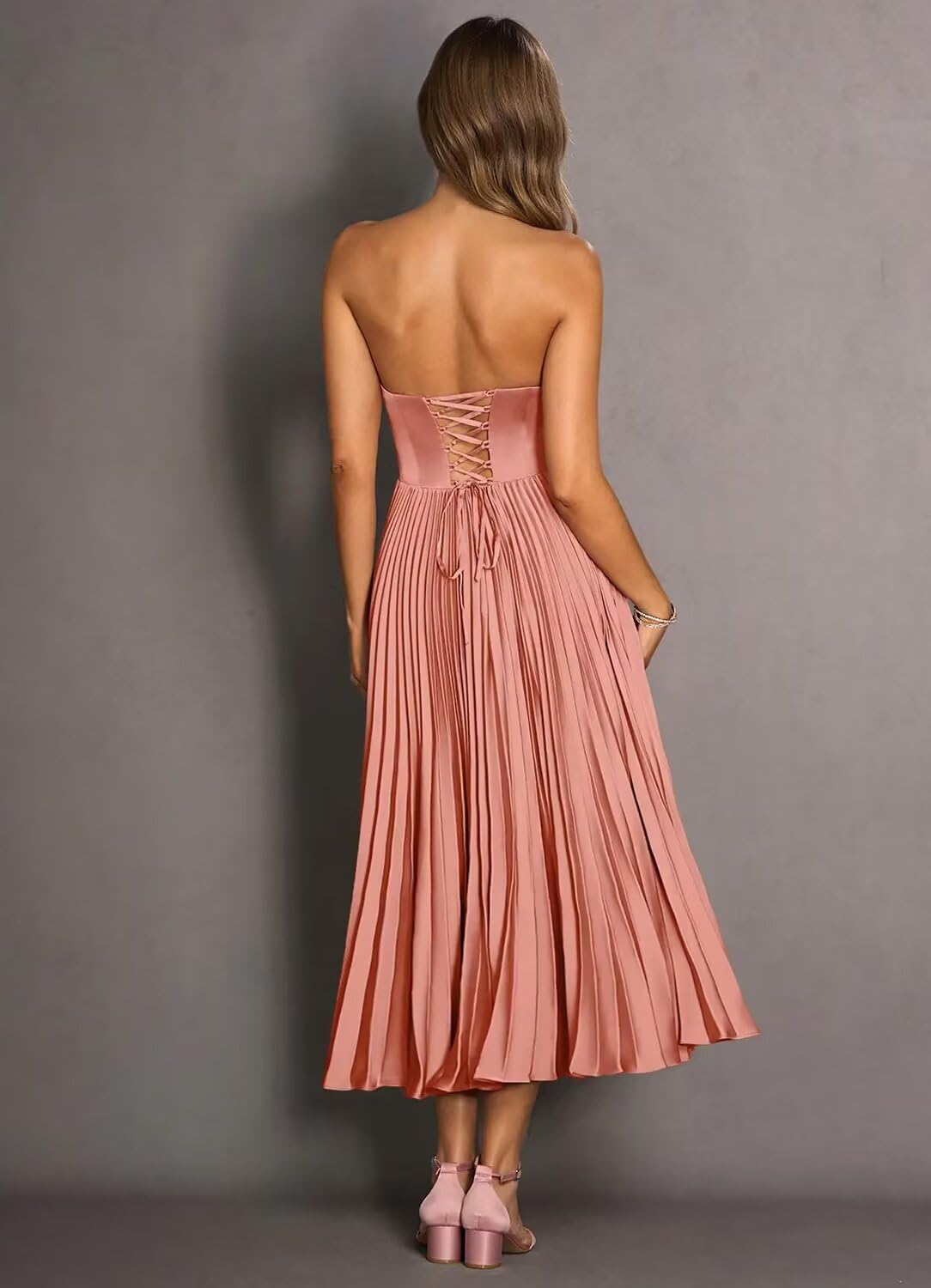 Women's Strapless Bridesmaid Dresses for Womens Tea Length Ruffle Satin Formal Prom Dress