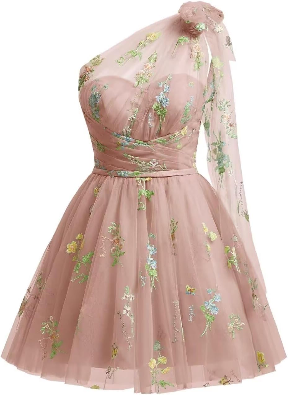One Shoulder Homecoming Dresses for Teens Flower Embroidery Tulle Short Prom Dress A-Line Formal Party Ball Gowns