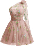 One Shoulder Homecoming Dresses for Teens Flower Embroidery Tulle Short Prom Dress A-Line Formal Party Ball Gowns