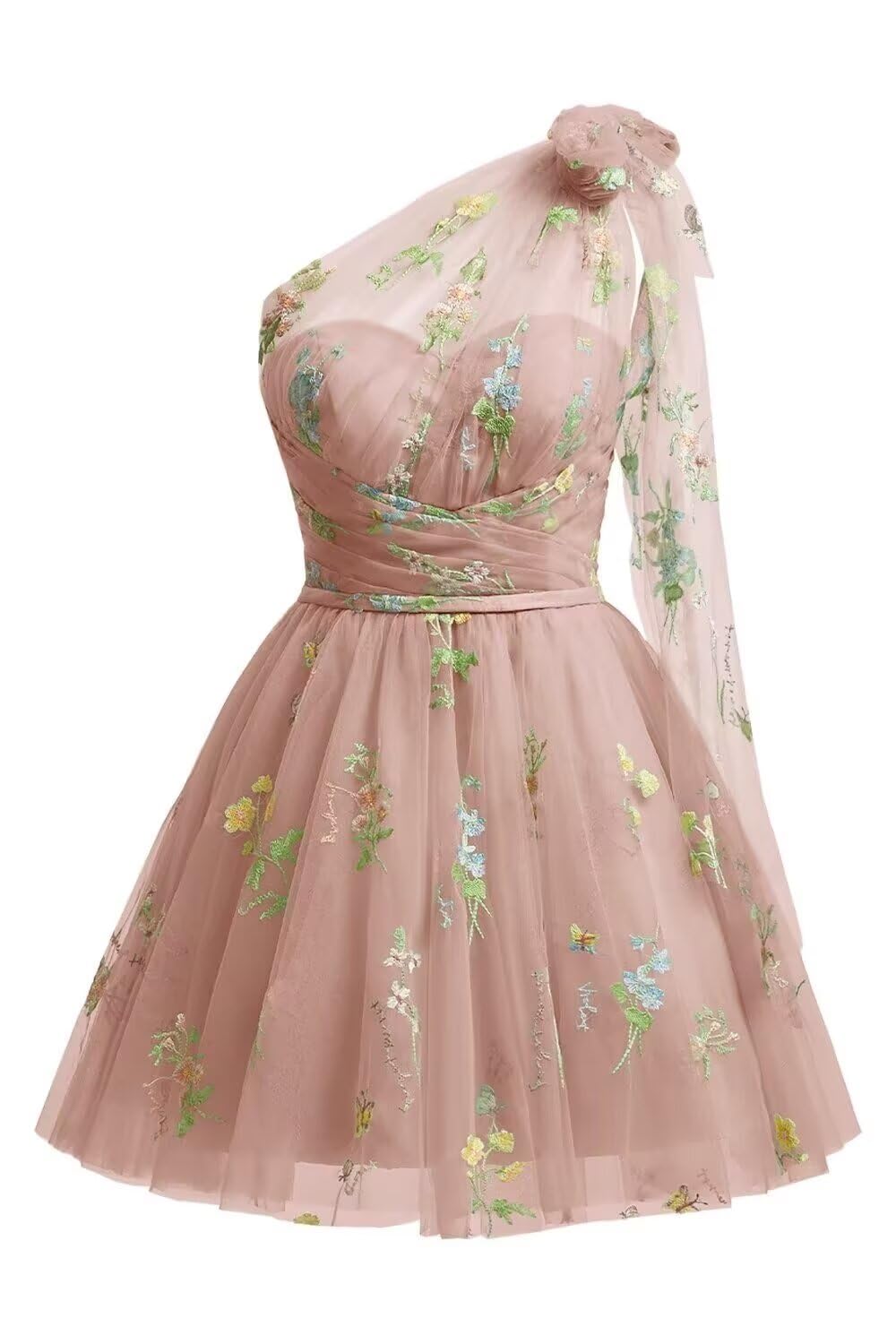 One Shoulder Homecoming Dresses for Teens Flower Embroidery Tulle Short Prom Dress A-Line Formal Party Ball Gowns
